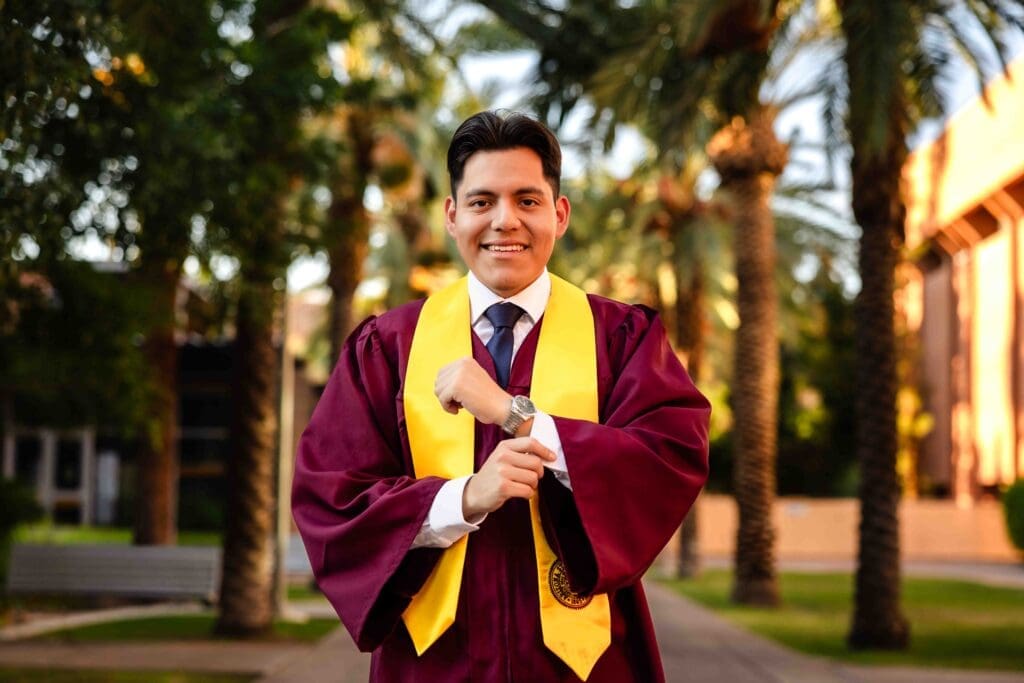 Graduation portrait on Palm Walk at Arizona State University